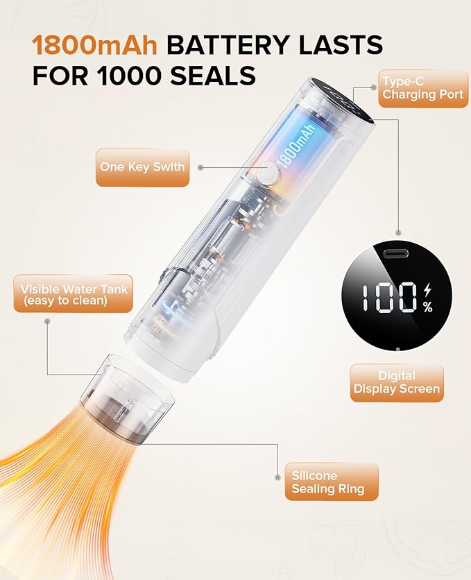 1800mAh Compact Vacuum Sealer for Food, 80kPa Powerful Handheld Vacuum Sealer Machine with 30 Reusable Bags, LCD-Display, Visible Water Tank, Portable Cordless Food Sealer for Meal Prep