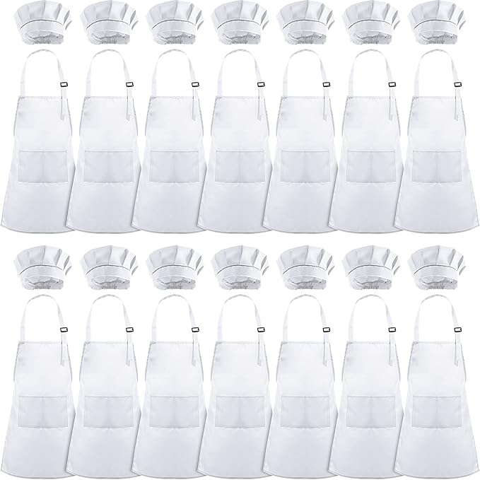Handepo 28 Pcs Kid Apron and Chef Hat Set Adjustable Bib Apron with Pockets for Kids Cooking Baking Painting Crafting