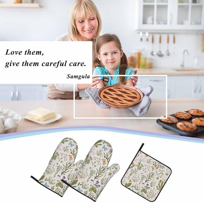 Floral Plant Oven Mitts and Pot Holders Sets Wild Flowers Herbs Heat Resistant 3pcs for Cooking Baking BBQ