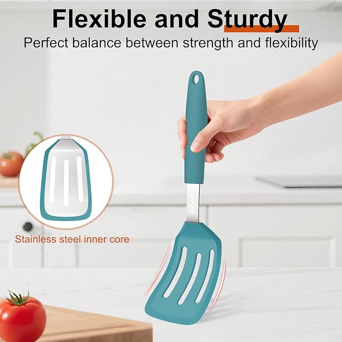 2 Pack Silicone Spatula Set, 600°F Heat Resistant Kitchen Spatula, BPA Free Solid & Slotted Turner, Flexible Cooking Utensils for Non Stick Frying Pan, Flipper for Eggs and Pancakes (Blue)