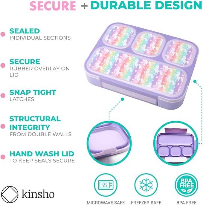 Unicorn Bento Box Lunch Box for Girls, Kids | Snack Containers with 4 Compartment Dividers, Boxes for Toddlers Pre-School Daycare Lunches BPA Free, Food & Microwave Safe | Purple Rainbow Unicornio