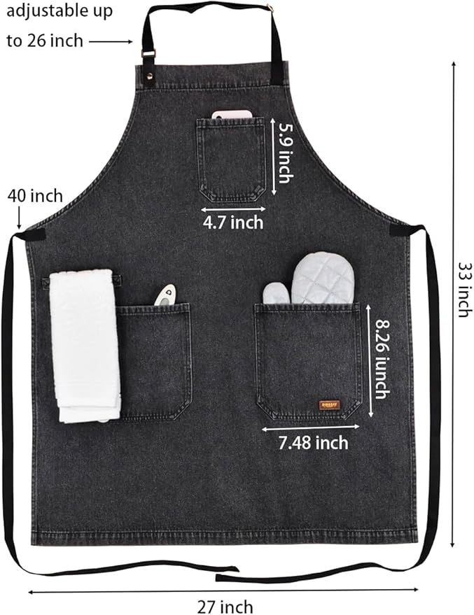Denim Apron with Pockets, Professional for Mens Womens Chef Kitchen Cooking Grill BBQ Painting Baking, Black Bib with Towel Loop & Adjustable Neck Strap (Black Denim -2)