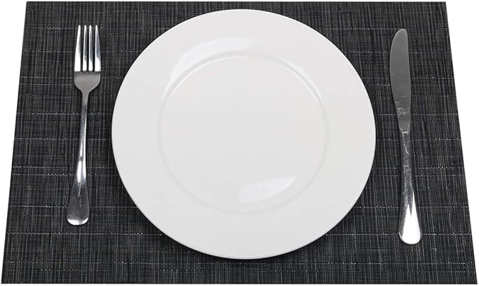SHACOS Placemats Set of 6 Woven Vinyl Place Mats for Dining Table Wipe Clean Stain Resistant Table Mats Indoor Outdoor (6, Black)