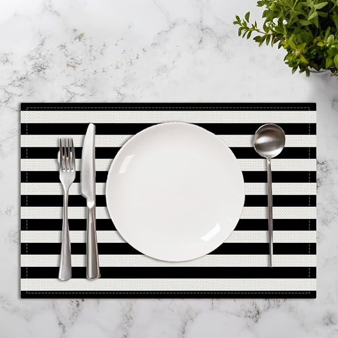 Black and White Striped Placemats Set of 4, Modern Minimalist Table Mats for Home Party Kitchen Dining Table Decor, Washable Non-Slip Heat Resistant Linen Fabric Rectangle Place Mats 12 x 18 Inch