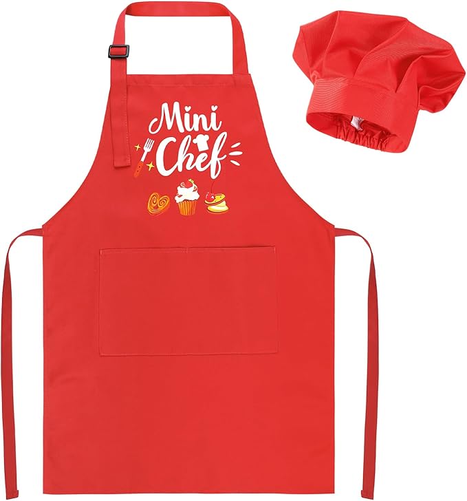 Kids Apron and Chef Hat Set, “Mini Chef” Funny Apron Adjustable Kitchen Apron for Boys and Girls