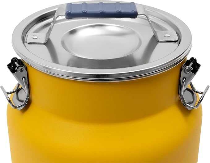 12L Stainless Steel Milk Jug with Sealed Lid and Thick Handle, 7.28in Milk Bucket, Rice Cereal Grain Storage Container for Storing Oil, Ghee, Wine, Tea, Grain, Nut, Snack, Pet Food (Yellow)