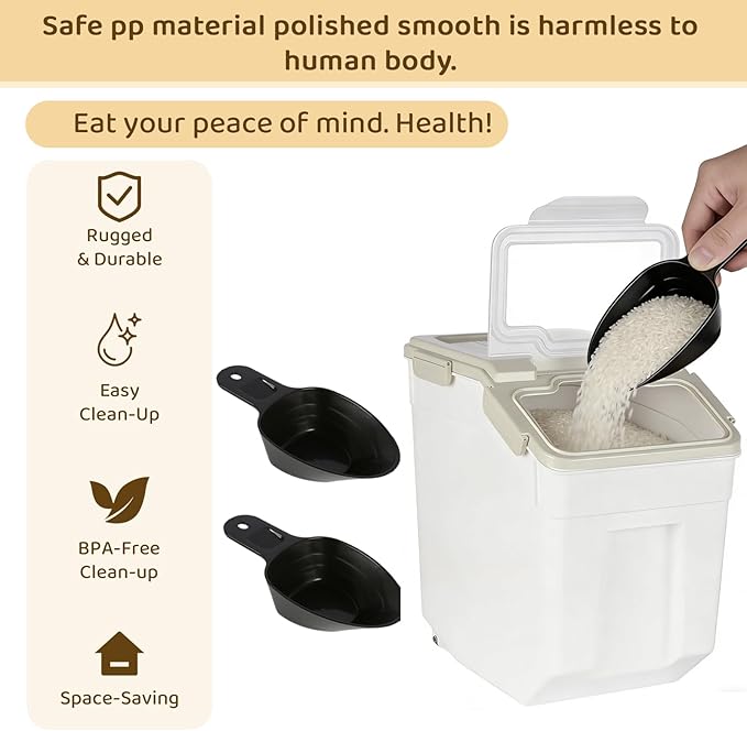 PENCK Rice Storage Container 50 lbs Large Household Flour Sugar Containers Airtight Grain Cereal Dispenser with Wheels, Locking Lid & Measuring Cup for Kitchen Pantry Organization, 2 Pack(Grey)
