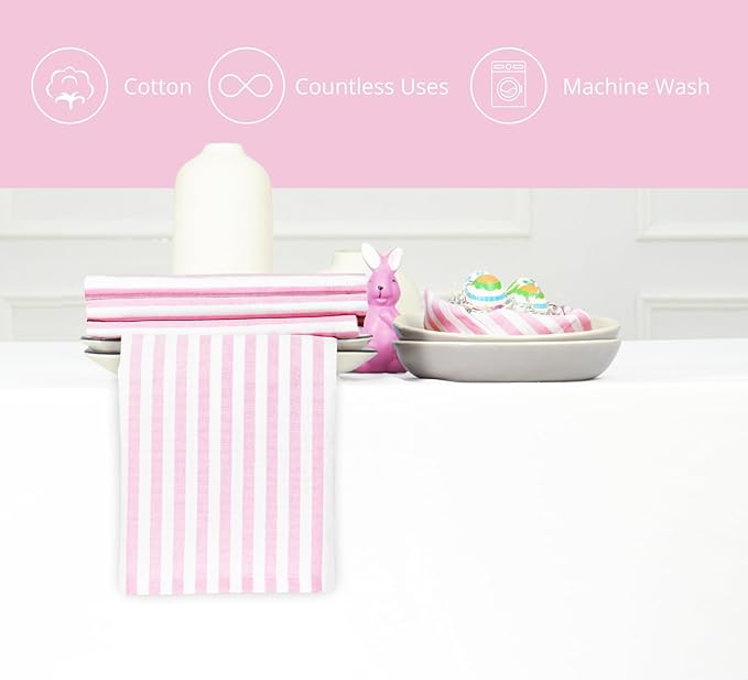 PurpleEssences Plain Striped Cloth Napkins - Set of 12-100% Cotton - 18 x 18 Inch - Spring Easter Summer and Perfect Everyday Use Dinner Napkin - Blush Pink and White