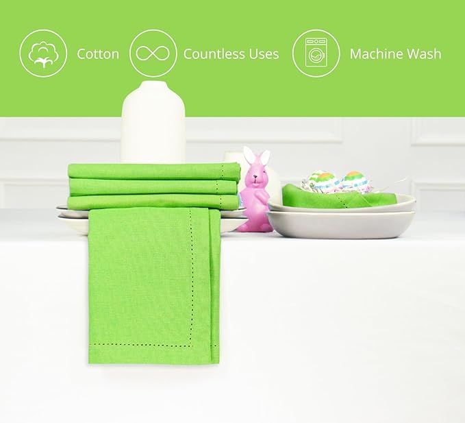 PurpleEssences Set of 12 Hemstitch Cloth Dinner Napkins 100% Cotton - Soft Durable Washable - Ideal for Wedding Spring Easter Summer - Perfect Everyday Use Table Linen 18x18 - Apple Green