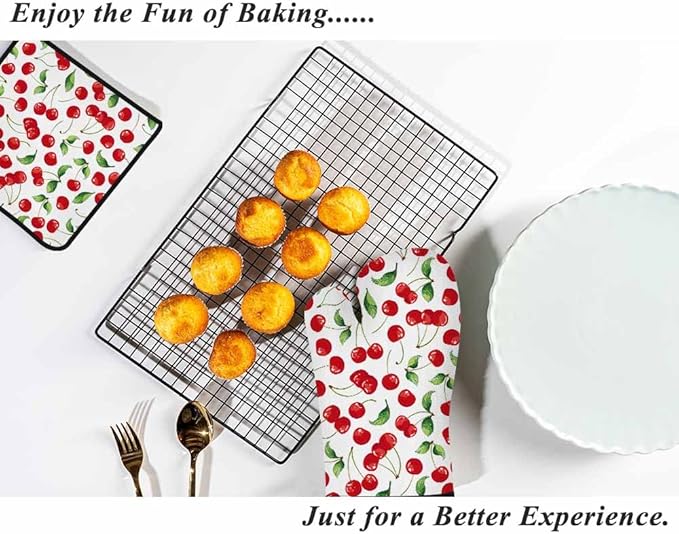 Red Cherry Oven Mitts and Pot Holders Sets Bright Cartoon Fruit Vibrant Heat Resistant 3pcs for Cooking Baking BBQ