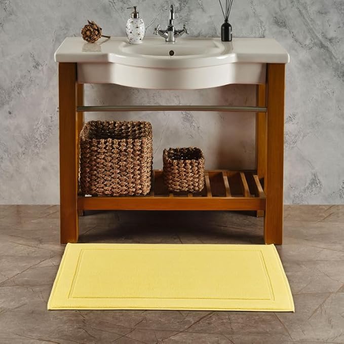 Hawmam Linen Yellow Bath Mats, 21 x 34 inches, Pack of 2-100% Ring Spun Cotton,[Not a Bathroom Rug] Banded Design, Highly Absorbent, Machine Washable for Bathroom Floor Towel
