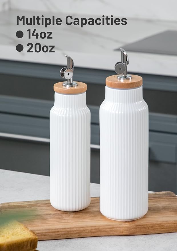 Nucookery 20oz Ceramic Olive Oil Dispenser Bottle for Kitchen spray, Large Capacity Cooking Oil Container for Storage Vinegar, Soy Sauce, Coffee Syrup, Liquids, White