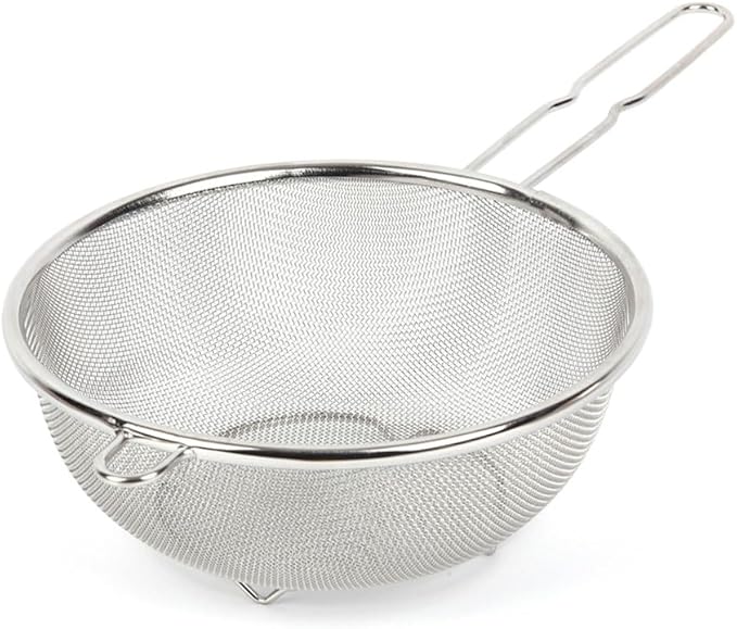 8″ Stainless Steel Fine Mesh Strainer with Feet – Standing Colander with Handle for Strain, Sift, Drain & Rinse Vegetables, Fruits & Pasta