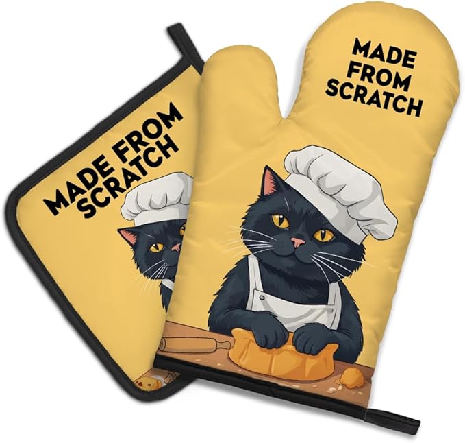 DYJYBMY Made from Scratch Funny Cat Oven Mitts and Pot Holder Set, Funny Kitchen Gadgets for Women Cat Lover, Birthday Gifts for Bake Lover Chef Cat Mom, Baking Gifts for Mom Wife Sister BFF Friend