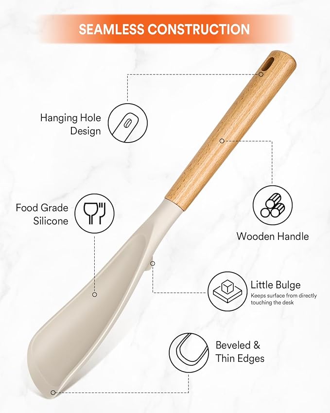 Cooking Spoon for Nonstick Cookwares, Great for Cooking and Serving Sturdy BPA-Free Matte Silicone, Wood Handle Spoon for Mixing, Scoop, and Scrape (2 Pack of Khaki, 13.4 inch)