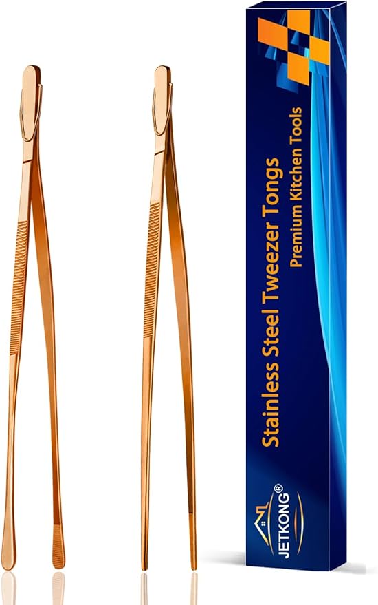 JETKONG 2 Pcs 9-Inch Kitchen Tweezers Cooking Tweezer Tongs Stainless Steel Food Tweezers (Rose Gold)