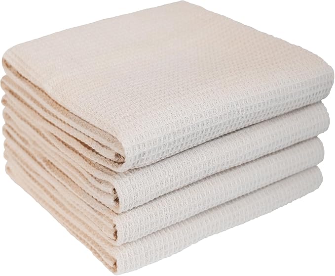 PY HOME & SPORTS Dish Towels Set - 4 Pieces 17 x 25 Inches Khaki 100% Cotton Waffle Weave Kitchen Towels, Absorbent Kitchen Hand Dish Cloths for Cleaning and Drying