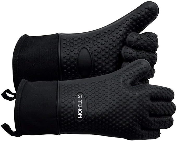 GEEKHOM BBQ Gloves Heat Resistant, 13.7 Inch Long Waterproof Silicone Oven Mitts for Grilling and Smoker, Non-Slip 5 Finger Kitchen Hot Mitts for Baking, Cooking & Cast Iron, Black