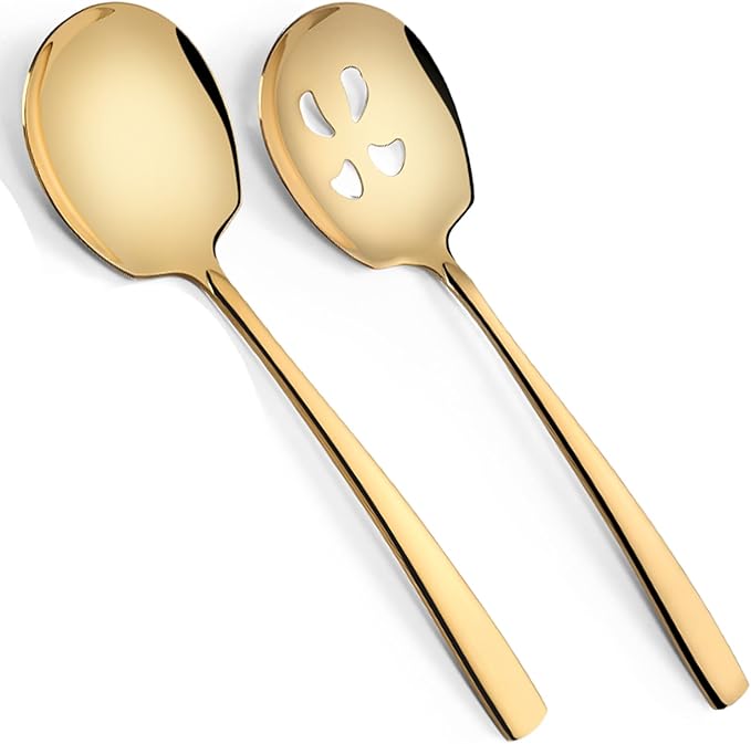 Large Serving Spoons Set Stainless Steel 12 Inch Slotted Spoon and Serving Spoon Serving Utensils for Buffet Catering Dishwasher Safe(1 Spoons, 1 Slotted,Gold)