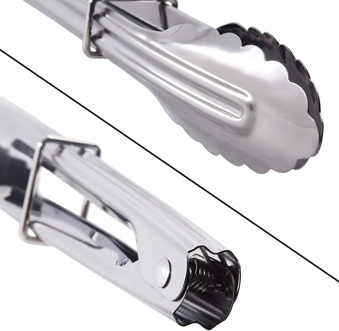 HINMAY Mini Stainless Steel Food Tongs with Silding Rings 7-Inch - Set of 6 - Small Clam Shell Service Tongs for Serving Appetizers, Desserts, Salads, Barbecue and Cooking (Silver)