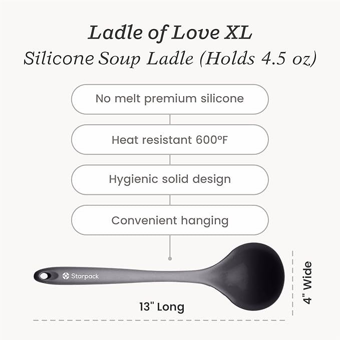 Starpack 'Ladle of Love' XL Premium Silicone Ladle Spoon - Soup High Heat Resistant to 600F - Kitchen Utensil for Serving, Non-Stick Cooking, LFGB Grade Rubber