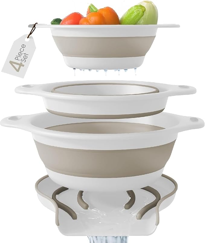 Gevoli Collapsible Colanders (3 Pack Set) Food Strainers with Over-Sink Water Draining Base for Pasta Fruits and Vegetables, White/Beige (3 Sizes, 3QT, 4QT and 5 Quart)