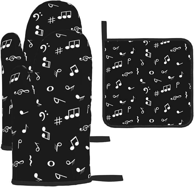 Music Notes Oven Mitts and Pot Holders Sets of 3 Black Hot Pads Musicial Oven Gloves Heat Resistant Non Slip Washable for Kitchen Cooking Grilling Baking