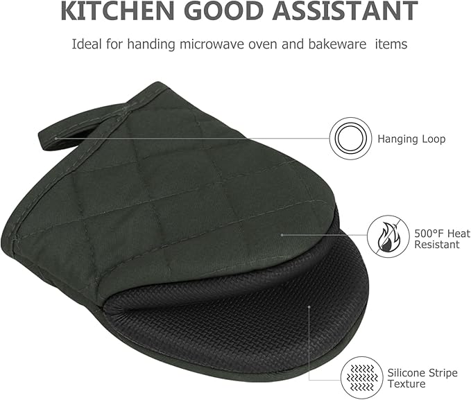 Short Oven Mitts, Heat Resistant 500°F, Silicone Grip Kitchen Gloves, Non-Slip for Baking, Grilling, BBQ, Machine Washable with Hanging Loop, 2-Pack Set, Gray
