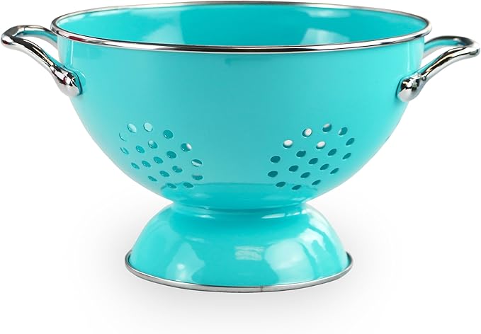 Reston Lloyd, 1.5 Quart Powder Coated Steel Kitchen Strainer Basket for draining Pasta, Vegetable and Fruit, Chrome Handles and Wide Stable Base, Aqua-Blue
