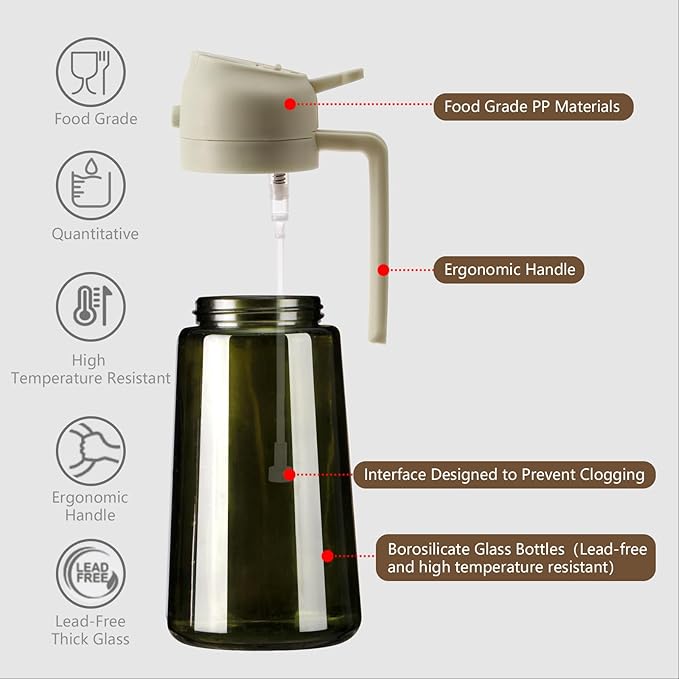 SWEET VIEW Olive Oil Dispenser and Oil Sprayer – 16oz/470ml Glass Light-Proof Oil Pourer for Kitchen, Air Fryer, Cooking, Salad, and BBQ