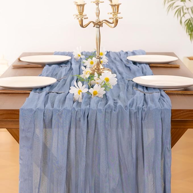 Socomi 2pcs Dusty Blue Easter Spring Cheesecloth Table Runner Boho Rustic Gauze 120 inch 10FT Cheese Cloth Runner for Wedding Party Baby Shower Birthday Home Decor Holiday Decorations