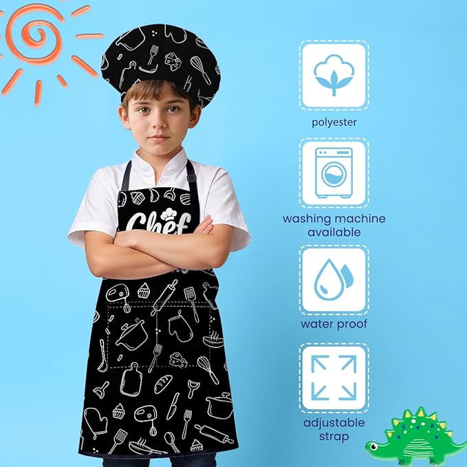 SANDJEST Kids Apron with Chefs Hat Set, Kitchen Apron Gifts