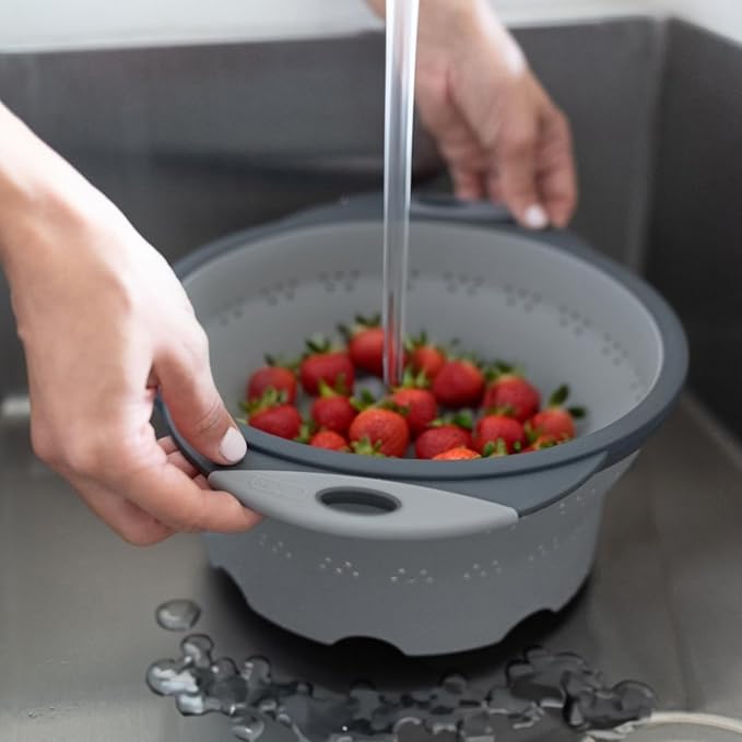 Dexas 8" Collapsible Silicone Colander in Cool Grey, Kitchen Strainer with Handles, 7.2 Cup Capacity | BPA-Free, Heat-Resistant, Space-Saving Kitchen Tool