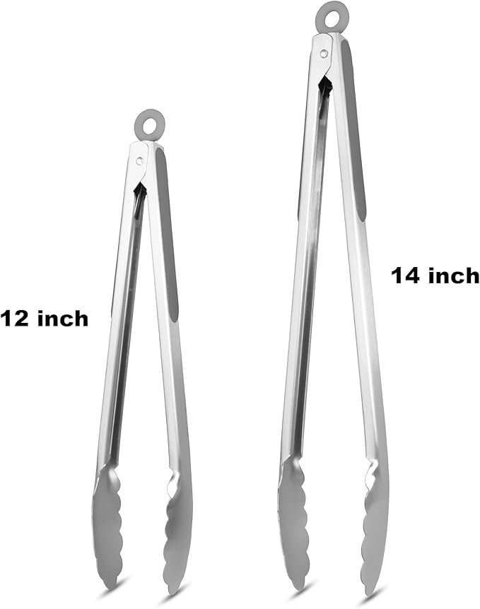 ALLWIN-HOUSEWARE W 304 Stainless Steel Kitchen Cooking Tongs, 12" and 14" Set of 2 Sturdy Grilling Barbeque Brushed Locking Food Tongs with Ergonomic Grip, Grey