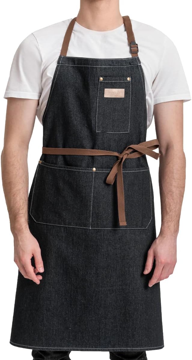ROTANET Denim Work Apron with 3 Pockets Jean Shop Aprons for Chef Hairstylist Kitchen Woodworking for Men Women Blue Black