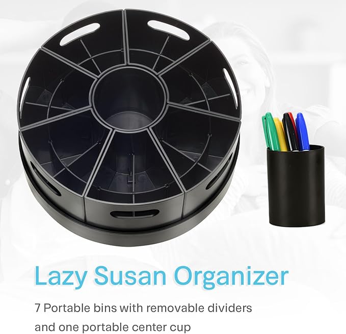PUZZLE EZ Black Rotating Desk Organizer Lazy Susan Caddies for Home School Office Supplies, Pens, Markers and Art Supplies for Classroom
