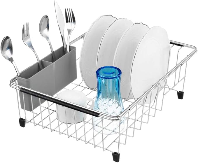 SANNO Plastic Utensil Silverware Storage Holder Caddy,Fit Kitchen Sink Drying Rack, Microfiber Dish Mat, Dish Drying Mat (Gray)