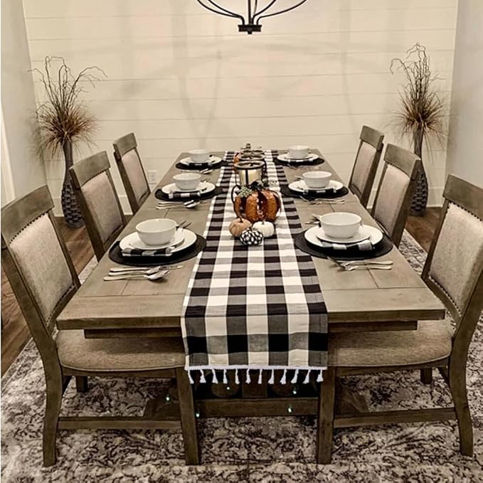 DUOBAO Buffalo Plaid Table Runner 14x72-Inches (2pcs) Black and White Checkered Tables-Runners with Tassel Linen Christmas Decor Gingham Rustic Farmhouse Style