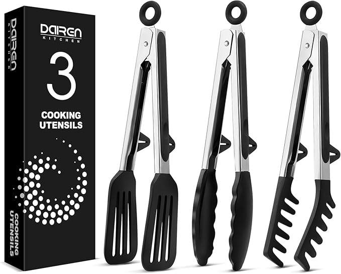 Kitchen Tongs for Cooking, Non Scratch Silicone Tip for Nonstick Cooking Pans, Food Grade Mini Serving Tongs, Pull Lock, Set of 3, Black (BLack, 9 inch)