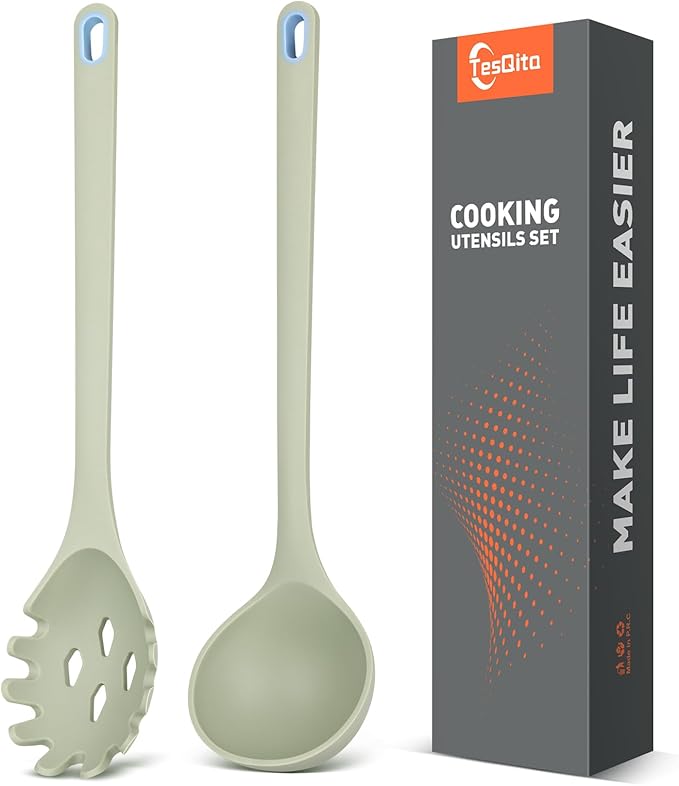 Silicone Spaghetti Spoon&Soup Ladle Cooking Utensils Set of 2,No Scratch for Nonstick Cookware,BPA Free, 450℉ Heat Resistant (Green)