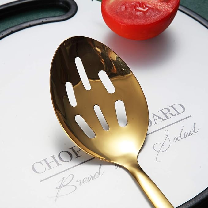 Berglander Gold Cooking Spoon, Stainless Steel Slotted Serving Spoon Titanium Gold Plating, Kitchen Basting Spoon For Cooking, Dishwasher Safe, Easy to Clean
