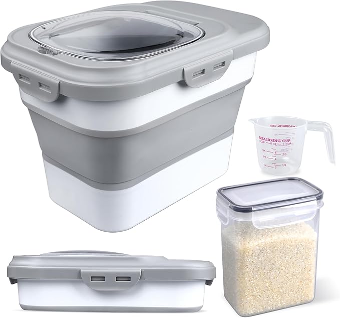 Komzon Rice Storage Container, Collapsible Airtight Food Storage Containers 6-20 Lbs, Rice Dispenser with Measuring Cup and Small Bin for Flour Cereal Pasta Grain, Cat Pet Dog Bird Food Container