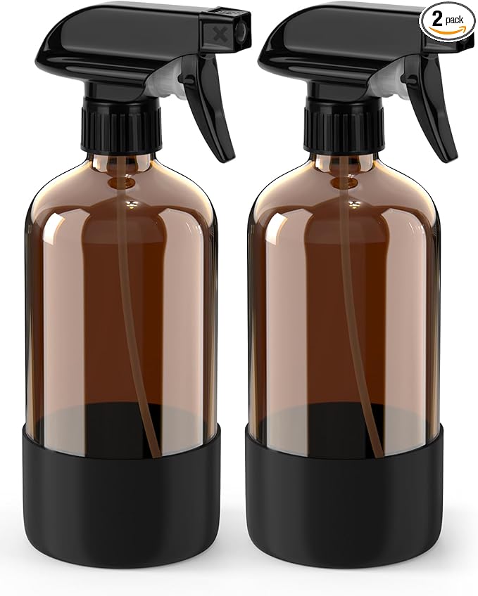 Bontip Glass Spray Bottle with Silicone Sleeve Protection, Amber Glass Spray Bottle Set for Window Cleaner Aromatherapy Facial Hydration Watering Flowers Hair Care 2 Pack/16 oz (Black)
