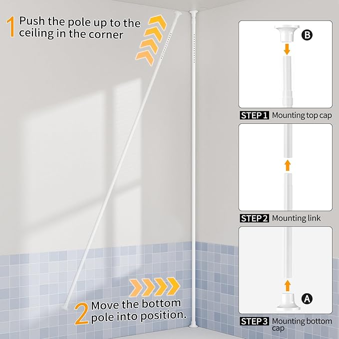 akinbas Shower Caddy Tension Pole with 4 L-Lazy Susan Organizer 360 Rotating 35-128 Inch No Drilling Floor Standing Shelves Adjustable Shower Rack for Bathroom Corner (White)