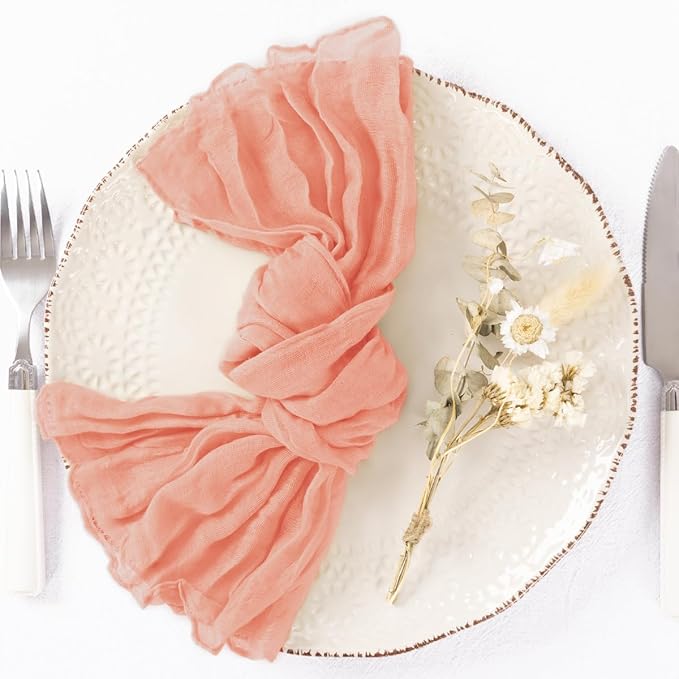 DeZerlor 12 Pack Coral Pink Cheesecloth Napkins Fall Thanksgiving Cloth Napkins Set of 12 Dinner Table Napkins Bulk 21x21 Inches for Thanksgiving Wedding Bridal Shower Baby Shower Xmas Party