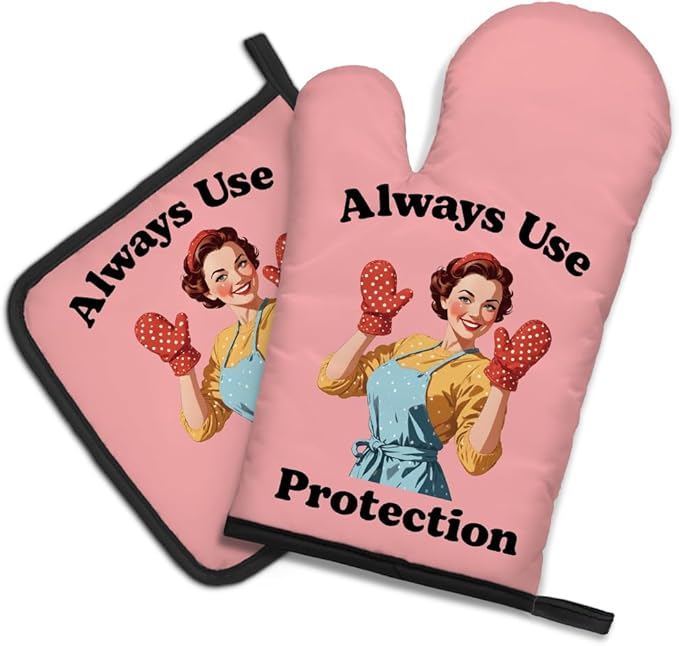 DYJYBMY Always Use Protection Funny Oven Mitts and Pot Holder Set, Retro Housewife Kitchen Gadgets for Women, Baking Gifts for Bake Lover Chef Friend, Hostess Gifts for Mom Wife Aunt Sister BFF