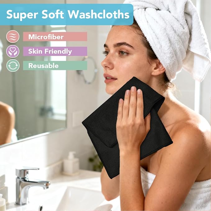 Orighty Washcloths Towels Set 10 Pack, Highly Absorbent and Soft Feel Microfiber Face Cloths, Multi-Purpose Wash Cloths & Hand Towels for Bathroom, Hotel, Spa, and Gym, 11.5x11.5 Inch, Black