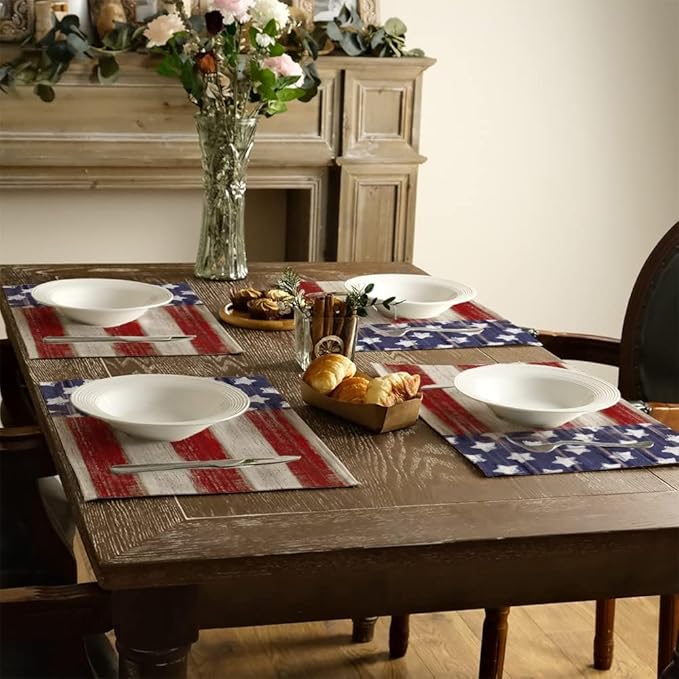 Bloss Patriotic 4th of July Placemats Set of 4, Memorial Day 12" x 18" Linen Table Mats for Party Kitchen Dining Decoration, Retro Vintage Independence Day Disposable Place Mats
