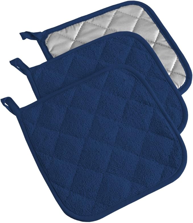 DII Basic Terry Collection Quilted 100% Cotton, Potholder, Nautical Blue, 3 Piece