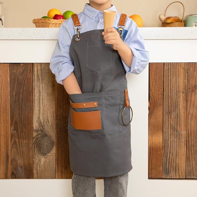 NEOVIVA Heavy Duty Work Apron for Kid Boys with Pockets and Adjustable Cross-back Straps